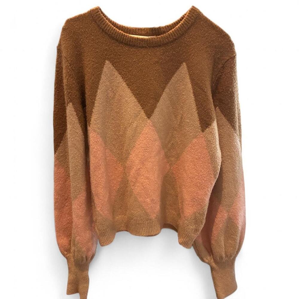 A loves‎ a Chocolate Brown Cream and Blush Pink Diamond Patterned Sweater Sz M
